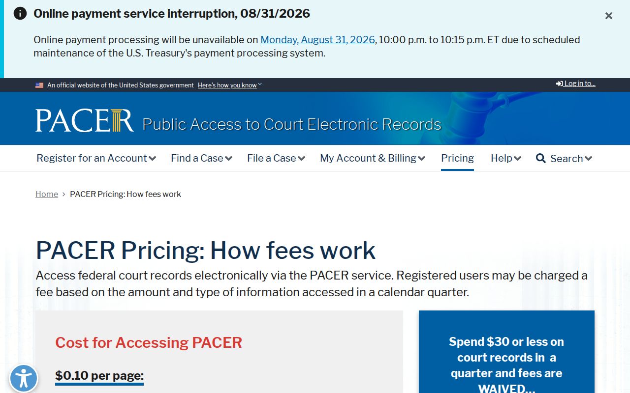 Scotland court records federal PACER fee comparison source